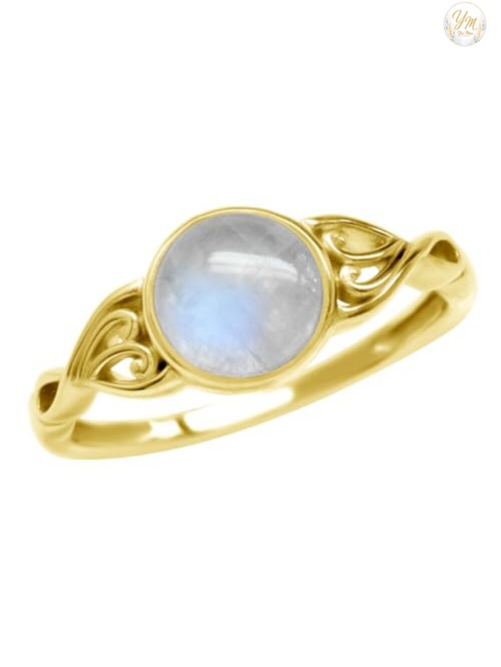 7MM Natural Moonstone Solitaire Ring Yellow Gold Plated 925 Sterling Silver